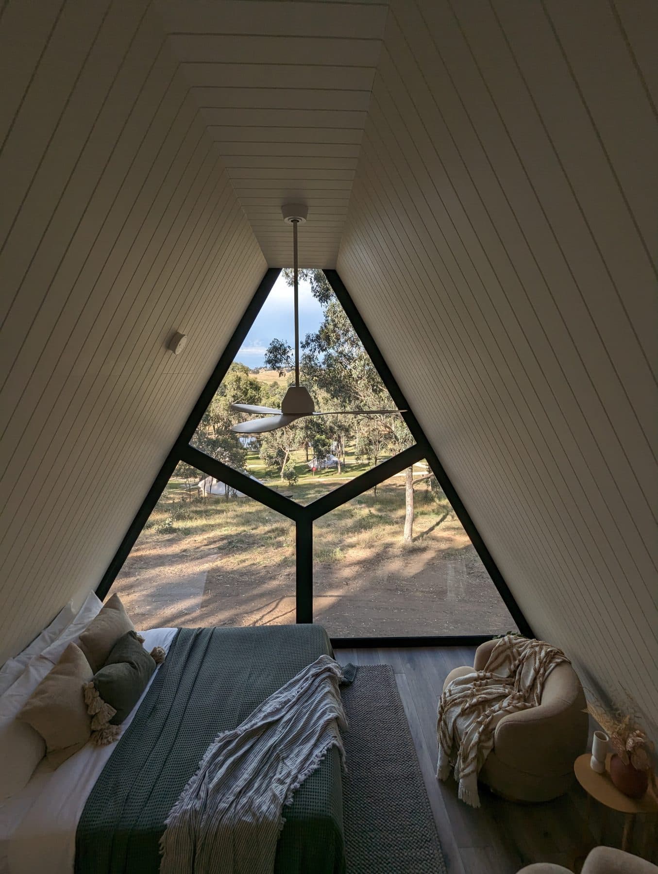Looking out through the cabin's gable window to the bush