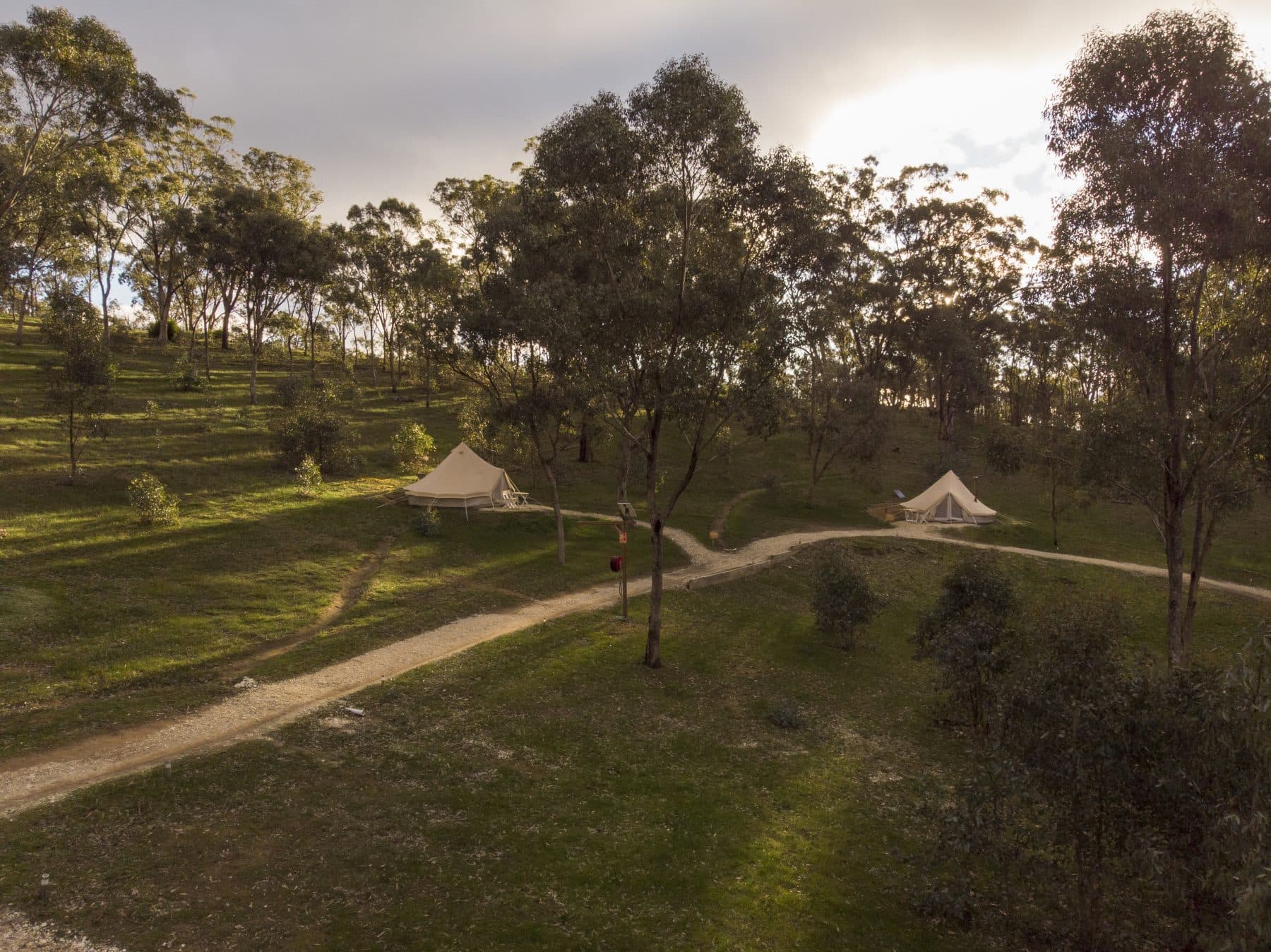Looking down on the tents and tracks from above