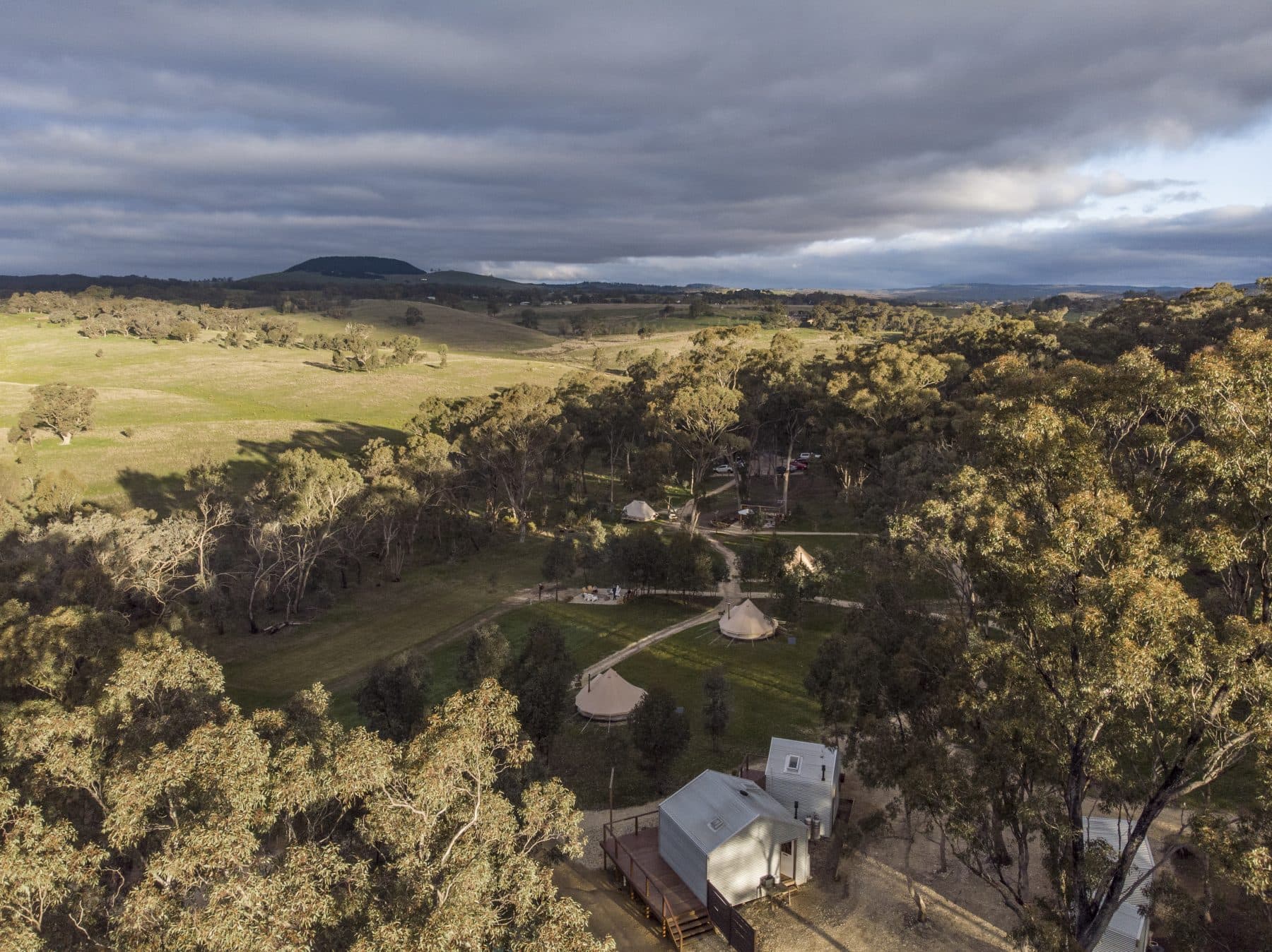 The hills and paddocks around the property from the air