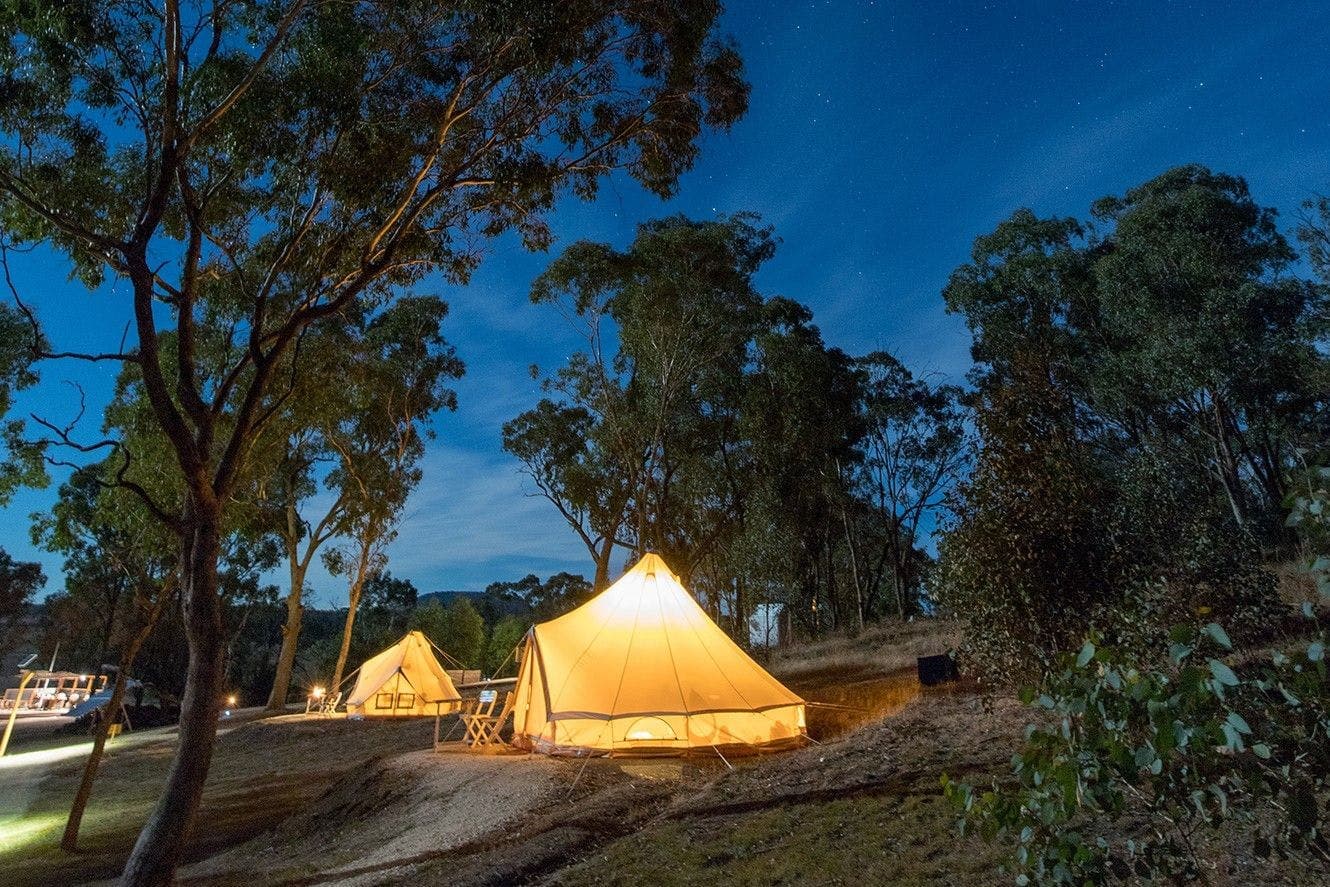 A Luxe bell tent glowing from inside at night, under a sky full of stars and gum trees