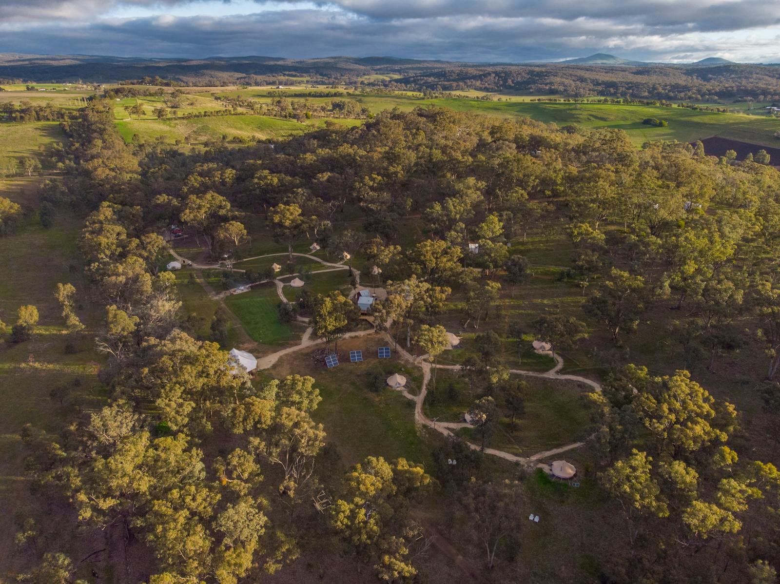 The property from the air: the campsite clearing ringed by bushland