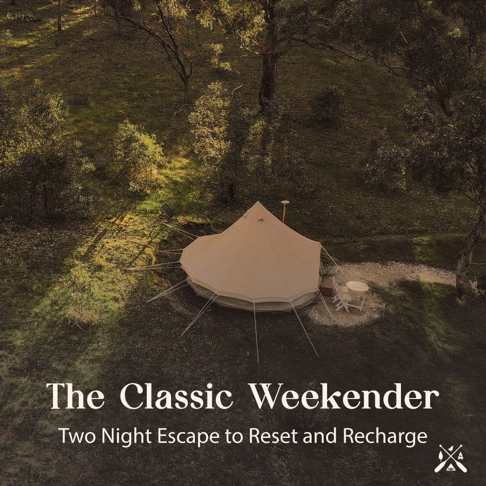 The Classic Weekender — a bell tent and fire pit seen from above in open bushland